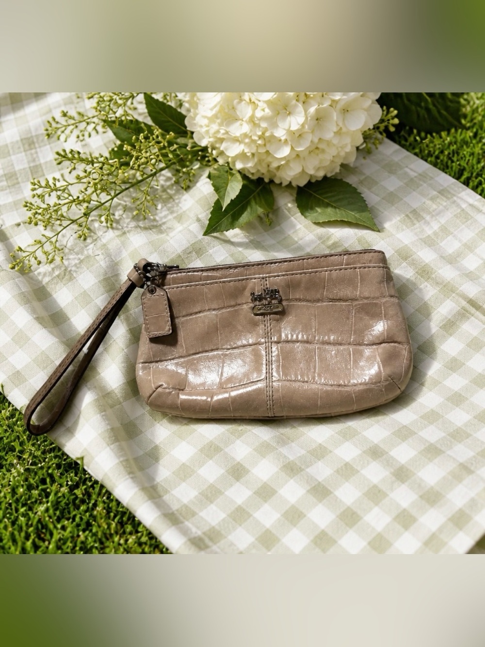 Coach Taupe Croc-Embossed Leather Wristlet